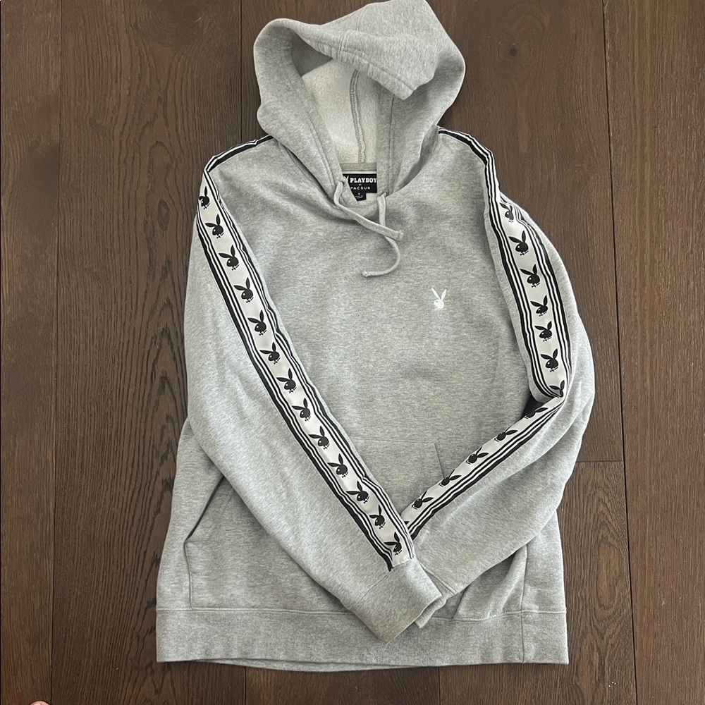 PLAYBOY Light Gray Pullover Hoodie with Logo Sleeve Tape